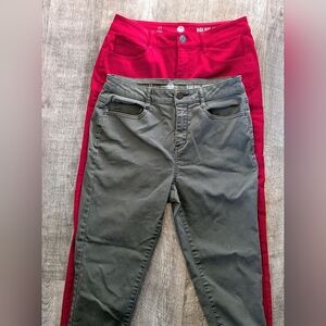 2 Pair Of So High Rise Skinny Jeans; Red And Olive Green Sz. 11